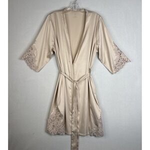 AW Bridal Champagne Satin Robe Small Lace Trim Belted Bridal